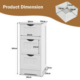 Costway 3 Drawers Bathroom Floor Cabinet Wood Storage Cupboard Organizer Free Standing Chest Of Drawers - thumbnail 3