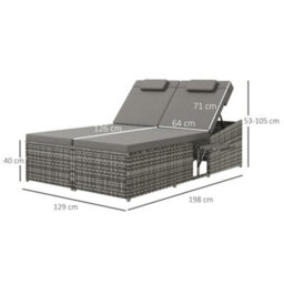 Outsunny 2 Seater Double Rattan Sun Lounger Recliner Day Bed Wicker Weaver Sofa - thumbnail 3