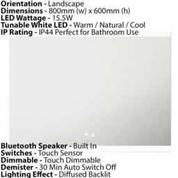 800 X 600mm Led Bathroom Mirror & Bluetooth Speaker -Ip44 Demister Tunable White - thumbnail 3