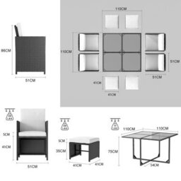 Onemill 9 Pieces Rattan Garden Furniture Set With 1 Rattan Dining Table And 4 Rattan Chairs - thumbnail 4