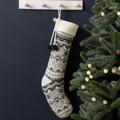 Dibor Grey And White Fair Isle Zig Zag Xmas Gift Decoration Christmas Stocking For Kids - image 1