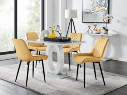 Furniturebox Giovani Rectangular 4 Seat White High Gloss Unique Halo Base Dining Table Grey Glass Top 4 Mustard Velvet Black Leg Pesaro Chairs
