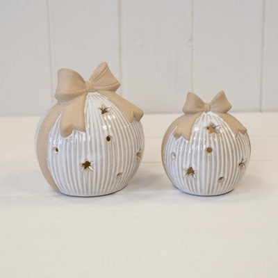 Medium Led Ceramic Bauble With Bow Topper - image 1