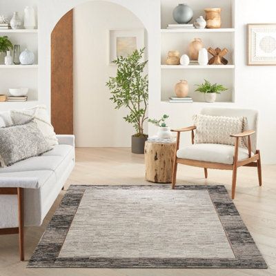 Grey Black Bordered Abstract Modern Easy To Clean Rug For Bedroom & Living Room-239Cm X 300Cm