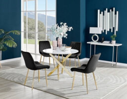 Furniturebox Novara White High Gloss 100Cm Round Dining Table With Gold Starburst Legs & 4 Black Pesaro Velvet Chairs