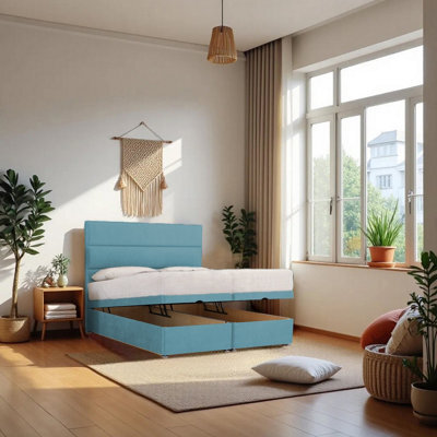 "Knight Sleep York Ottoman Bed Light Blue Plush 6Ft  With Mattress & 24""headboard - Super King" - image 1