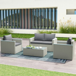 Outsunny 4 Piece Rattan Garden Furniture Set With Cushions, Light Grey - thumbnail 9