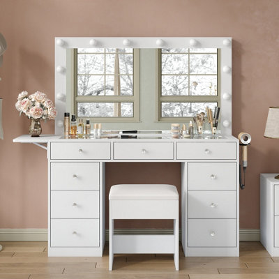 Fusou Black Dressing Table With Led Mirror, 94Cm Vanity Table With 3 Lighting Modes, Charging Station & Stool - image 1