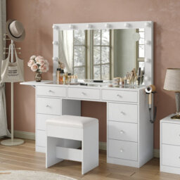 Fusou Black Dressing Table With Led Mirror, 94Cm Vanity Table With 3 Lighting Modes, Charging Station & Stool - thumbnail 3