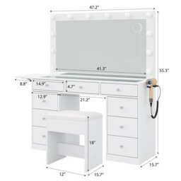 Fusou Black Dressing Table With Led Mirror, 94Cm Vanity Table With 3 Lighting Modes, Charging Station & Stool - thumbnail 2