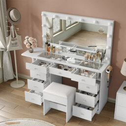 Fusou Black Dressing Table With Led Mirror, 94Cm Vanity Table With 3 Lighting Modes, Charging Station & Stool - thumbnail 5