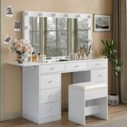 Fusou Black Dressing Table With Led Mirror, 94Cm Vanity Table With 3 Lighting Modes, Charging Station & Stool - thumbnail 4