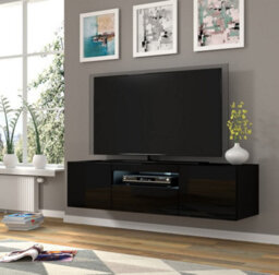 Arte Aura Modern Tv Cabinet 150Cm In Black Gloss With Blue Led Lighting - W1500mm X H36-420mm X D370mm - thumbnail 2