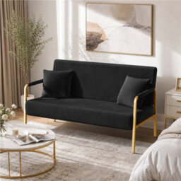 Yaheetech Corduroy Upholstered Loveseat Sofa With Gold-Tone Metal Arms And Legs, Black - thumbnail 1