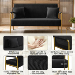 Yaheetech Corduroy Upholstered Loveseat Sofa With Gold-Tone Metal Arms And Legs, Black - thumbnail 4