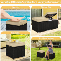 Yaheetech Set Of 2 Brown/khaki Outdoor Wicker Ottomans With Cushion And Hidden Storage - thumbnail 6
