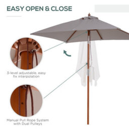 Outsunny Wooden Patio Umbrella Market Parasol Outdoor Sunshade 6 Ribs Grey - thumbnail 6