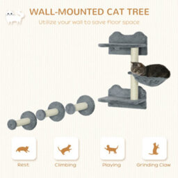 Pawhut 4Pc Cat Shelves Cat Wall Furniture With Steps Scratching Post Grey - thumbnail 4