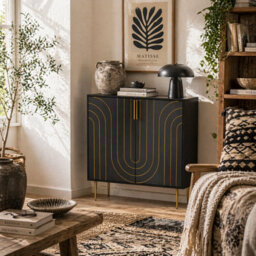 Wyld Haus Mose Black And Gold Art Deco Sideboard - 2 Doors, Adjustable Shelves, Copper-Plated Legs