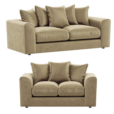 Furnishings For Less UK Brooklyn Plush Velvet Fibre Fabric Sofa Set 3 And 2 Seater Sofa Beige - image 1