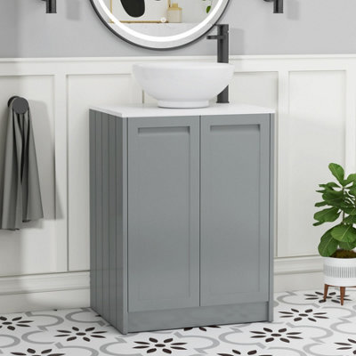 Royal Bathrooms Royal Bathroom Elmore 600mm Matt Pebble Grey Freestanding Bathroom Vanity Unit 2 Door Plain White Worktop With Breeze Basin - image 1
