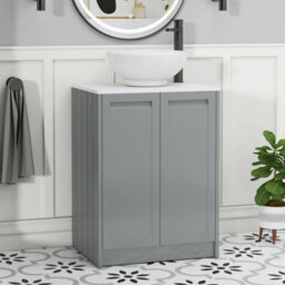 Royal Bathrooms Royal Bathroom Elmore 600mm Matt Pebble Grey Freestanding Bathroom Vanity Unit 2 Door Plain White Worktop With Breeze Basin - thumbnail 1