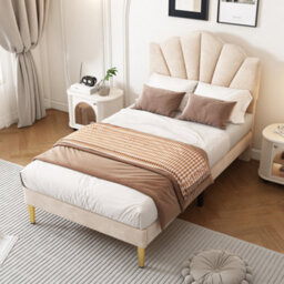 Btm Velvet Upholstered Single Bed 3Ft 90X190Cm Shell Bed, Gold Iron Legs, Adjustable Headboard, Beige - thumbnail 4