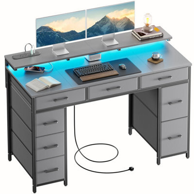 Precision Synergie Computer Desk With 8 Fabric Drawers, 120X50Cm Home Office Desk With Led & Power Outlets, Grey - image 1