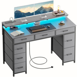 Precision Synergie Computer Desk With 8 Fabric Drawers, 120X50Cm Home Office Desk With Led & Power Outlets, Grey