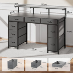 Precision Synergie Computer Desk With 8 Fabric Drawers, 120X50Cm Home Office Desk With Led & Power Outlets, Grey - thumbnail 3