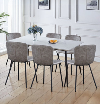 Hallowood Furniture Cullompton Large Rectangular Marble Effect Dining Table (160Cm) With 6 Taupe Leather Effect Chairs - image 1