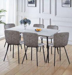 Hallowood Furniture Cullompton Large Rectangular Marble Effect Dining Table (160Cm) With 6 Taupe Leather Effect Chairs