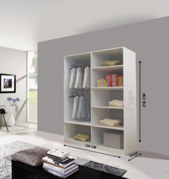 Modern Lyon Mirror Sliding Door Wardrobe With Hanging Rails & Shelves (White, 150Cm) - thumbnail 2