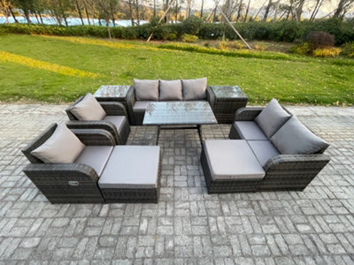 Fimous Outdoor Rattan Garden Furniture Set 9 Seater Patio Lounge Sofa Set With Dining Table 2 Big Footstool Dark Grey Mixed - image 1