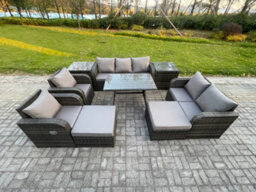 Fimous Outdoor Rattan Garden Furniture Set 9 Seater Patio Lounge Sofa Set With Dining Table 2 Big Footstool Dark Grey Mixed - thumbnail 1
