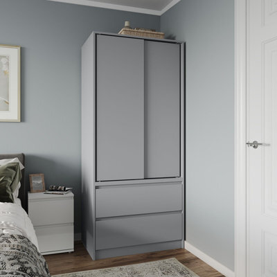 Urbn-Living Urbnliving 2 Sliding Doors Wardrobe 2 Drawer Bedroom Clothes Hanging Rail Grey Carcass With Grey Doors Storage Cupboard - image 1