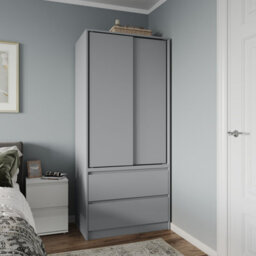 Urbn-Living Urbnliving 2 Sliding Doors Wardrobe 2 Drawer Bedroom Clothes Hanging Rail Grey Carcass With Grey Doors Storage Cupboard - thumbnail 1