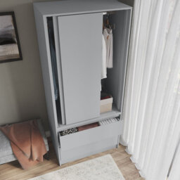 Urbn-Living Urbnliving 2 Sliding Doors Wardrobe 2 Drawer Bedroom Clothes Hanging Rail Grey Carcass With Grey Doors Storage Cupboard - thumbnail 4