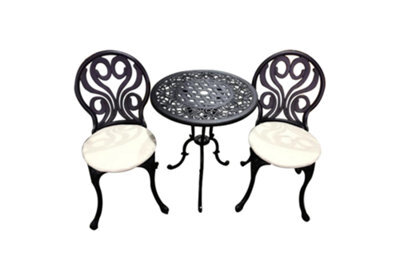 Sh&g Penryhn 2 Seat Bistro Set - 3 Piece Round Table & Chairs - Black Cast Aluminium With Cream Cushions - Indoor & Outdoor