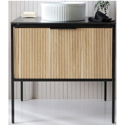 Homestylestore Black And Light Oak 800mm Bathroom Fluted Vanity Unit And 370mm Round Countertop Basin - image 1
