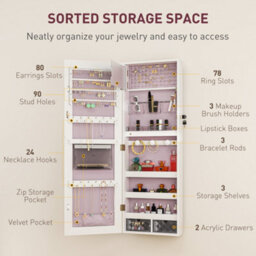 Homcom Door Hanging Or Wall Mounted Jewellery Cabinet W/ Mirror Pink Lining - thumbnail 6
