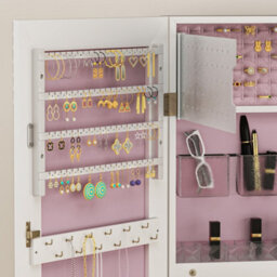 Homcom Door Hanging Or Wall Mounted Jewellery Cabinet W/ Mirror Pink Lining - thumbnail 9