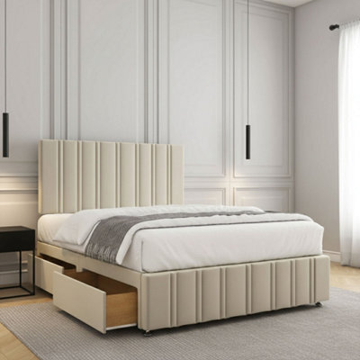 REGIONAL FURNISHINGS Divan Bed Set Cream Plush Velvet Upholstered 24Inch Headboard & Footboard & Mattress No Drawers In 3Ft 4Ft 4Ft6 5Ft 6Ft Sizes - image 1