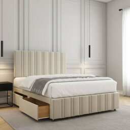 REGIONAL FURNISHINGS Divan Bed Set Cream Plush Velvet Upholstered 24Inch Headboard & Footboard & Mattress No Drawers In 3Ft 4Ft 4Ft6 5Ft 6Ft Sizes