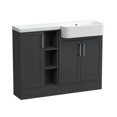 Balterley Pirehill Traditional Floor Standing Compact 3 Door Combination Vanity Unit With Shelves And Basin, Right Hand, 1100mm, Dark Grey - image 1