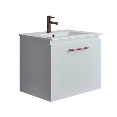 Homestylestore 600mm White Wall Hung Bathroom Vanity Unit And Copper T Bar Handle - image 1