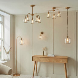 Luminosa Lighting Luminosa Ashcroft Glass Floor Lamp Brushed Aged Brass Plate & Clear Glass E27 - thumbnail 6
