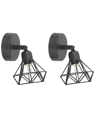 Wyld And Coco Set Of 2 Diamond-Shaped Cage Wall Lamps Matt Black Adjustable Lighting, Led Compatible - image 1