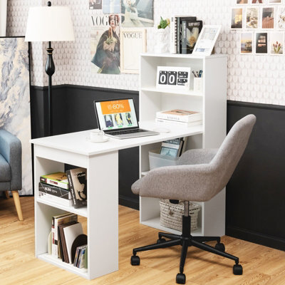 Gainoom Office White Computer Desk Wooden Pc Laptop Table Writing Workstation 6-Tier Storage Shelves - image 1