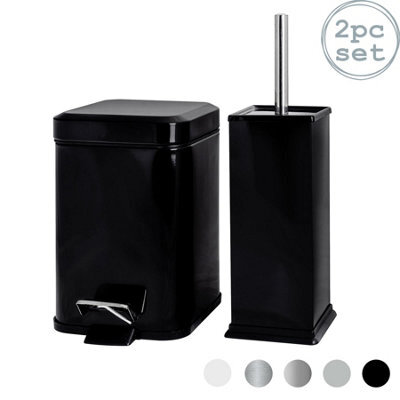 Harbour Housewares 3L Bathroom Bin & Brush Set - Black - Square Stainless Steel Slim Trashcan Pedal Bin & Toilet Brush Set - image 1